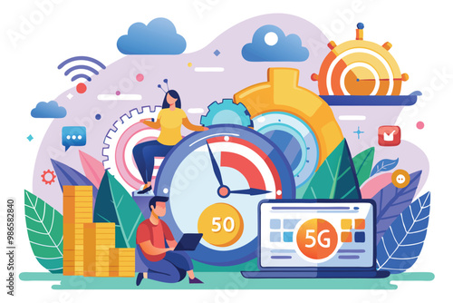 A vibrant illustration depicts characters engaged with technology showing internet speed metrics and devices, 5g internet speed, flat illustration