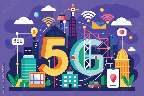 A dynamic cityscape illustrates the impact of 5G technology with towers, devices, and connectivity symbols, 5G network vector illustration