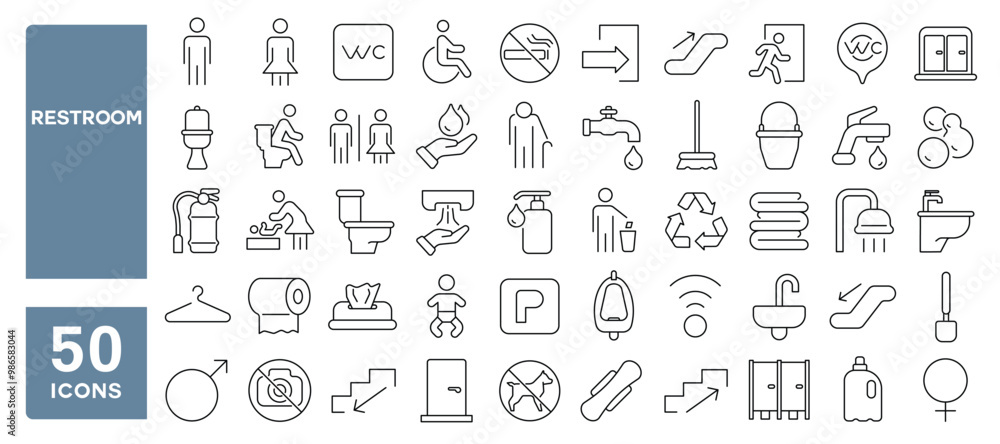 Set of 50 line icons related to restroom, wc, clean, hygiene, sanitary, bathroom, tissue, sink, tap, faucet, bidet, male, female, paper, toilet, Editable stroke. Vector illustration Set of 50 line icons related to restroom, wc, clean, hygiene, sanitary, bathroom, tissue, sink, tap, faucet, bidet, male, female, paper, toilet, Editable stroke. Vector illustration
