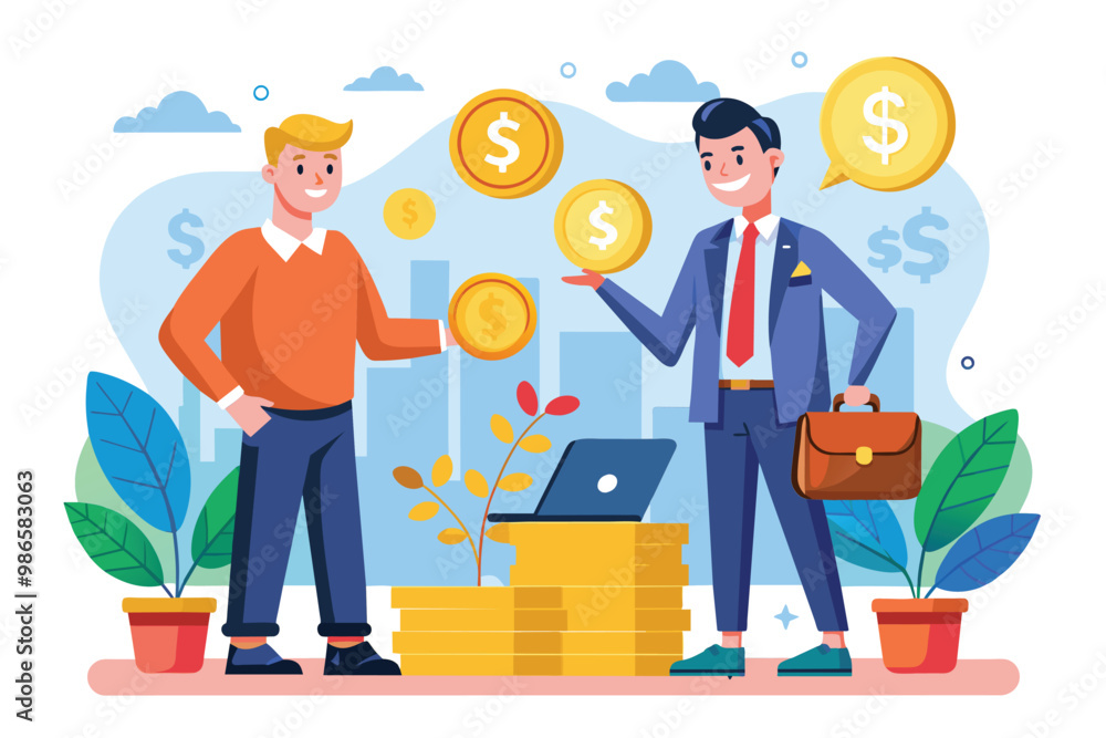A businessman shows interest in investing money while consulting with a cartoon financial advisor, Businessman investing money in a flat illustration. A businessman shows interest in investing money while consulting with a cartoon financial advisor, Businessman investing money in a flat illustration.