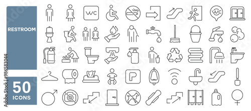 Set of 50 line icons related to restroom, wc, clean, hygiene, sanitary, bathroom, tissue, sink, tap, faucet, bidet, male, female, paper, toilet, Editable stroke. Vector illustration