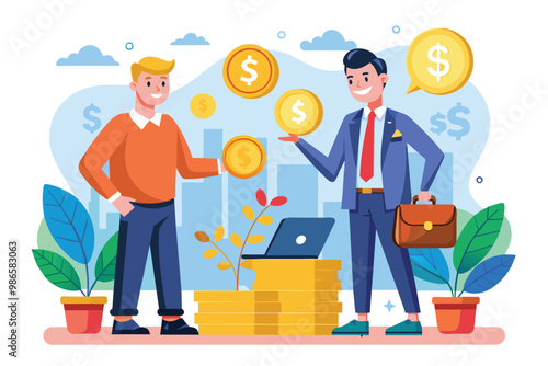 A businessman shows interest in investing money while consulting with a cartoon financial advisor, Businessman investing money in a flat illustration.