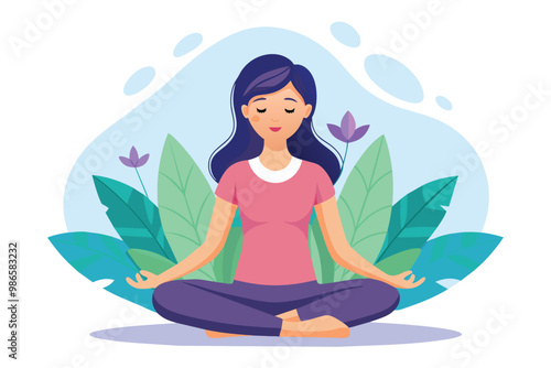 Wallpaper Mural A girl sits peacefully in the lotus position, meditating amidst lush greenery and blooming flowers, A calm girl sitting in a lotus position, simple illustration. Torontodigital.ca