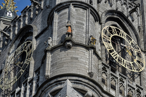 Gothic style Grand Belfry of Ghent (late 14th century, 91m tower) - symbol of the city Ghent. Ghent is a city and a municipality located in the Flemish region of Belgium.