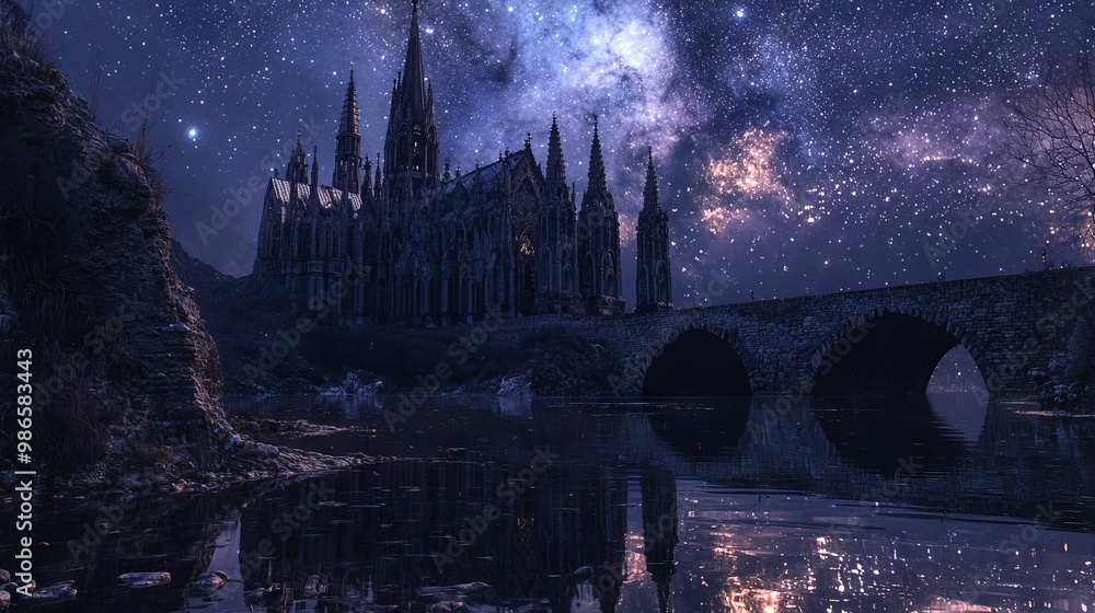 Fototapeta premium Enchanting 3D Rendering of a Gothic Cathedral with Dark Spires Under a Starry Night Sky