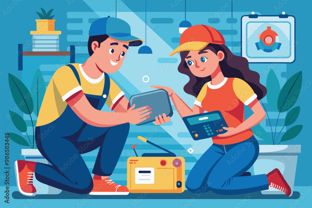 A couple is focused on examining a device together for repair in their busy workspace, A couple is inspecting a device for repairs, flat Illustration. A couple is focused on examining a device together for repair in their busy workspace, A couple is inspecting a device for repairs, flat Illustration.