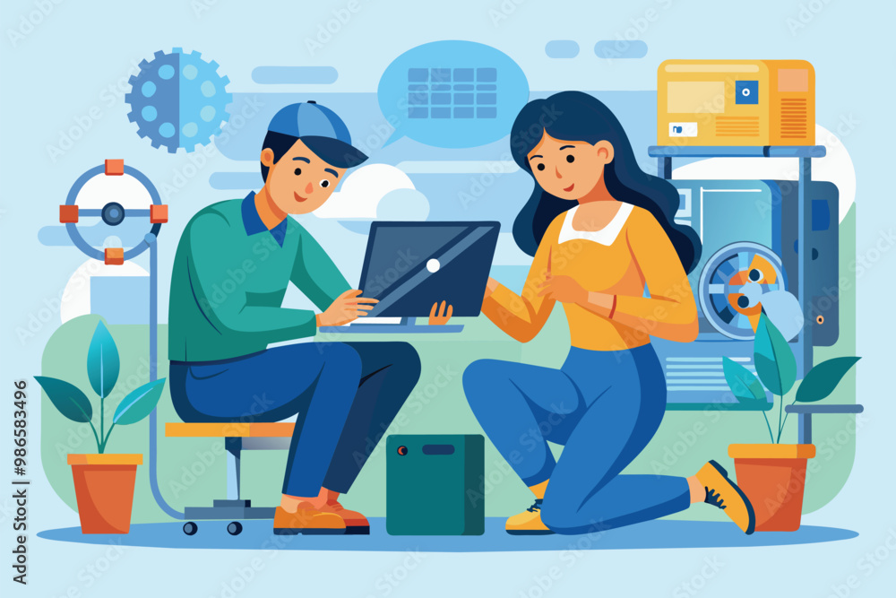 A couple works together, examining a device for repairs in a well-lit workshop setting, A couple is inspecting a device for repairs, flat Illustration. A couple works together, examining a device for repairs in a well-lit workshop setting, A couple is inspecting a device for repairs, flat Illustration.