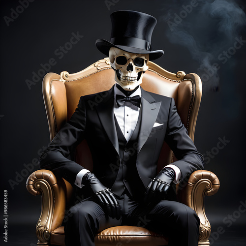 Discover the chilling mystery of a skeleton dressed in black, sitting in a chair and nodding with his hat on the side. What secrets does this eerie figure hold? photo