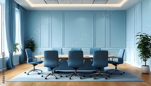 Philanthropic meeting room with soft blue decor, where charitable foundations strategize on generous giving and support initiatives photo