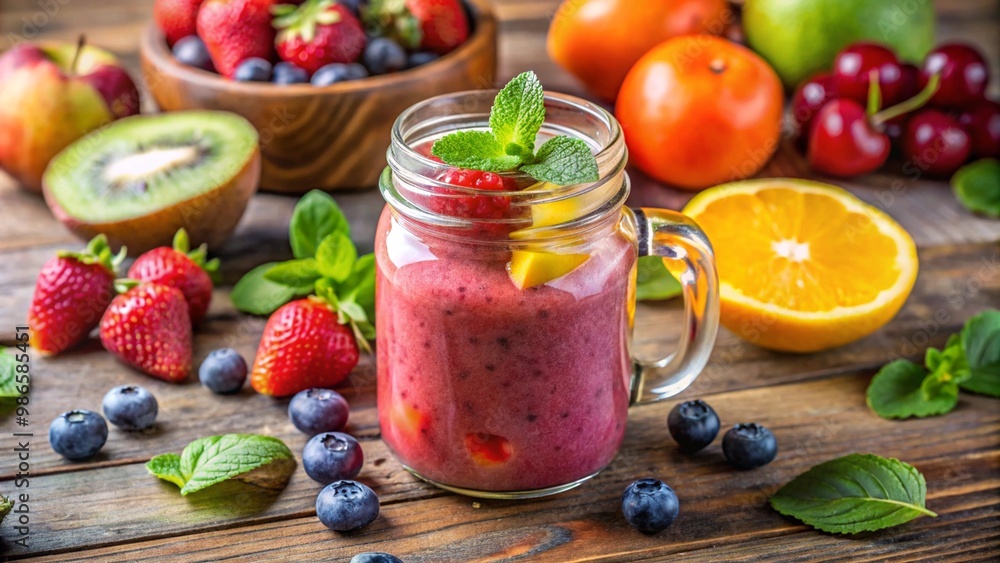 A healthy smoothie with colorful fruits in a glass jar A healthy smoothie with colorful fruits in a glass jar