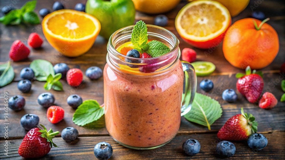 A healthy smoothie with colorful fruits in a glass jar A healthy smoothie with colorful fruits in a glass jar