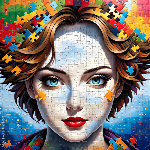 Experience the artistry of a high-resolution portrait made up of unique jigsaw puzzle pieces, perfectly harmonizing to form a detailed visage. photo