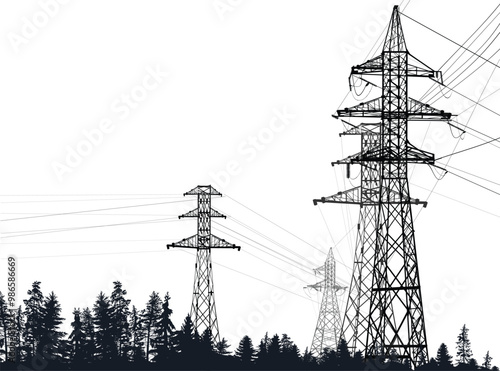 electric power high pylons in black forest isolated on white