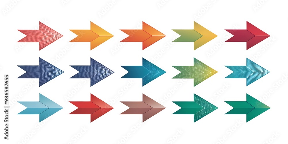 A collection of graphic arrows in vibrant colors is displayed on a white background, illustrating different orientations and styles. These arrows can be used for various design purposes