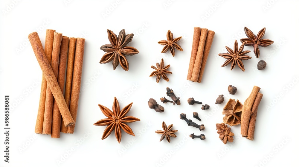 Cinnamon sticks and star anise, natural spices with a sweet and pungent aroma, arranged on a white background Cinnamon sticks and star anise, natural spices with a sweet and pungent aroma, arranged on a white background