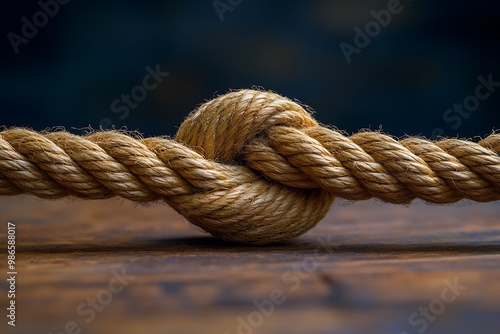 Close-up of a strong knot in a rope on a rustic wooden surface