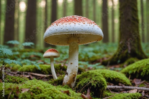 Generative ai Beautiful close up of Destroying Angel (Amanita bisporigera) forest mushroom, soft morning light, blurred forest background photo