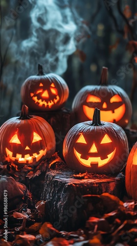 Wallpaper Mural Spooky Halloween jack o' lanterns with glowing eyes and carved faces in a dark forest. Torontodigital.ca