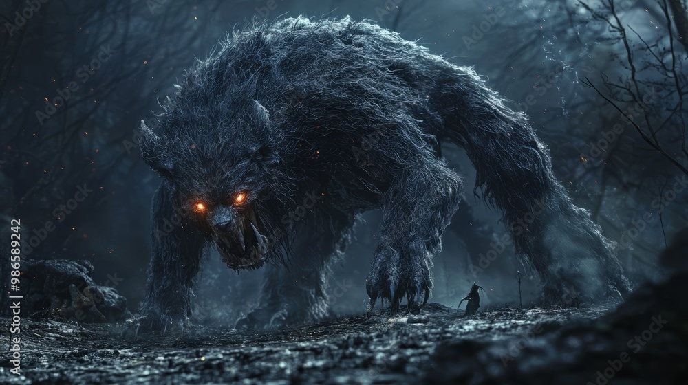 Obraz premium Enigmatic Dark Fantasy Beast in 3D - Mysterious Creature with Glowing Eyes Hunting in the Night