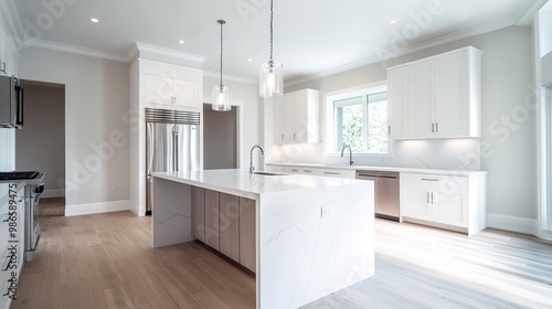 Beautiful white kitchen in new luxury home, with waterfall island, stainless steel appliances, and hardwood floors