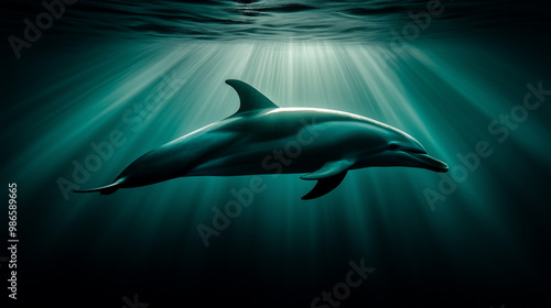 A dolphin swims gracefully under the ocean surface, illuminated by rays of sunlight breaking through the water. The teal tones and gentle beams of light create a serene and tranquil underwater scene.