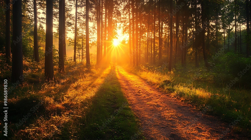 Sunrise in a Forest with Golden Light Rays Through Trees Sunrise in a Forest with Golden Light Rays Through Trees