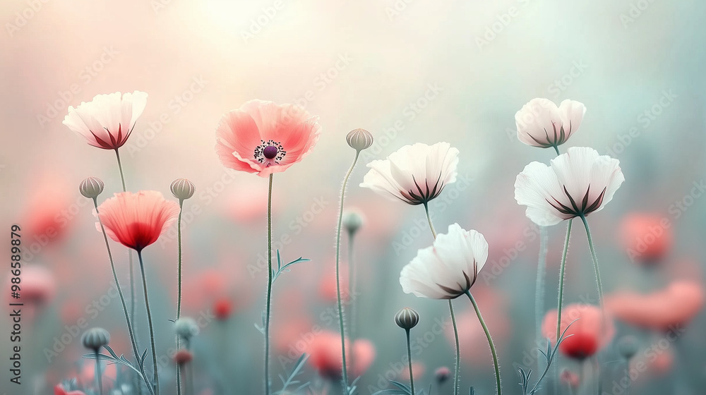 Pastel-colored wildflowers with delicate petals bloom in a peaceful meadow. Shades of white, pink, and coral stand against a blurred background, creating a serene and dreamy atmosphere. Pastel-colored wildflowers with delicate petals bloom in a peaceful meadow. Shades of white, pink, and coral stand against a blurred background, creating a serene and dreamy atmosphere.