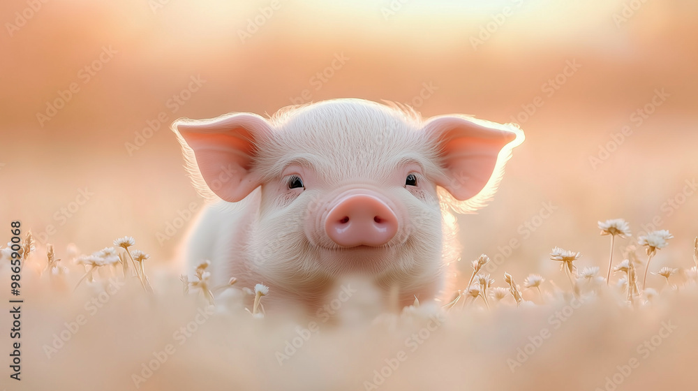 A small piglet lies on soft grass, surrounded by delicate wildflowers. The piglet’s soft pink skin and tiny snout are illuminated by the warm sunlight, creating a tranquil, pastoral scene in a meadow. A small piglet lies on soft grass, surrounded by delicate wildflowers. The piglet’s soft pink skin and tiny snout are illuminated by the warm sunlight, creating a tranquil, pastoral scene in a meadow.