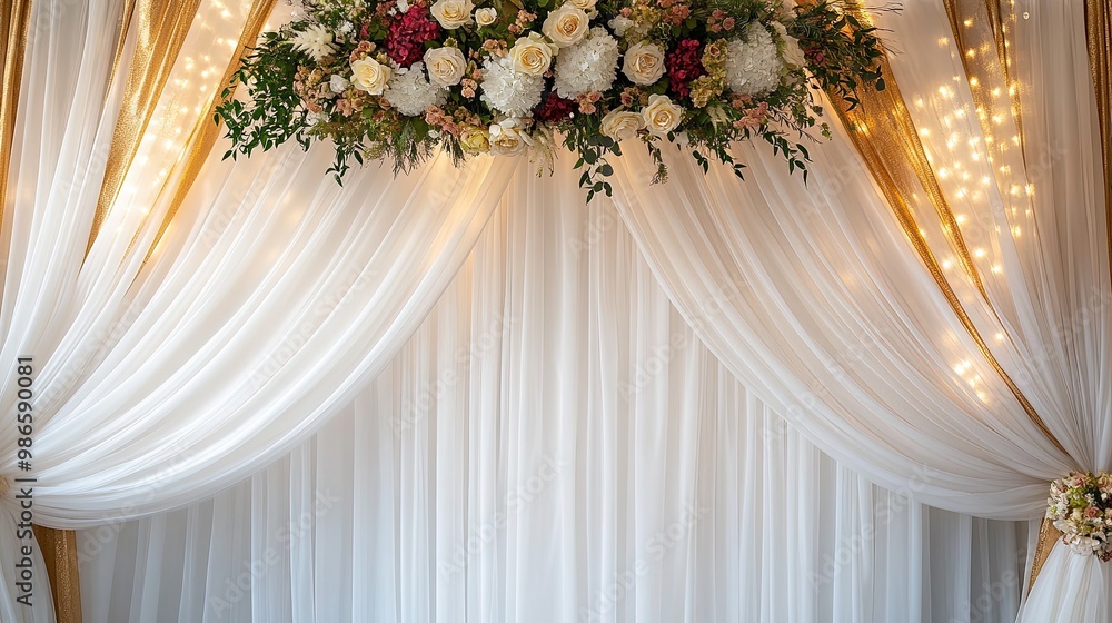 Elegant Wedding Backdrop with Floral Arrangement and Draped White Curtains Elegant Wedding Backdrop with Floral Arrangement and Draped White Curtains