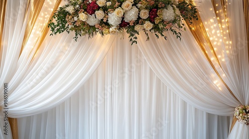 Elegant Wedding Backdrop with Floral Arrangement and Draped White Curtains