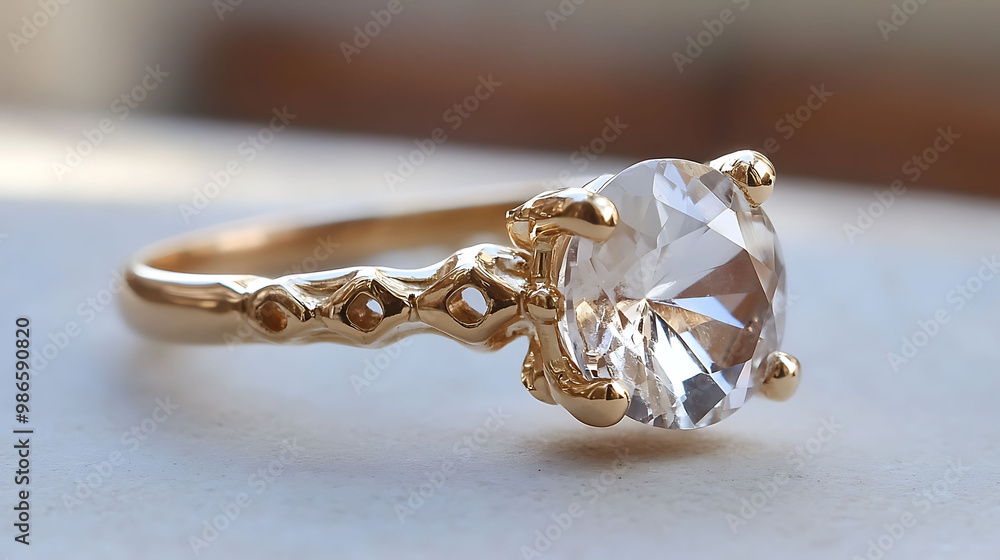 Beautiful quartz ring with a clear gemstone set in an intricate gold band Beautiful quartz ring with a clear gemstone set in an intricate gold band