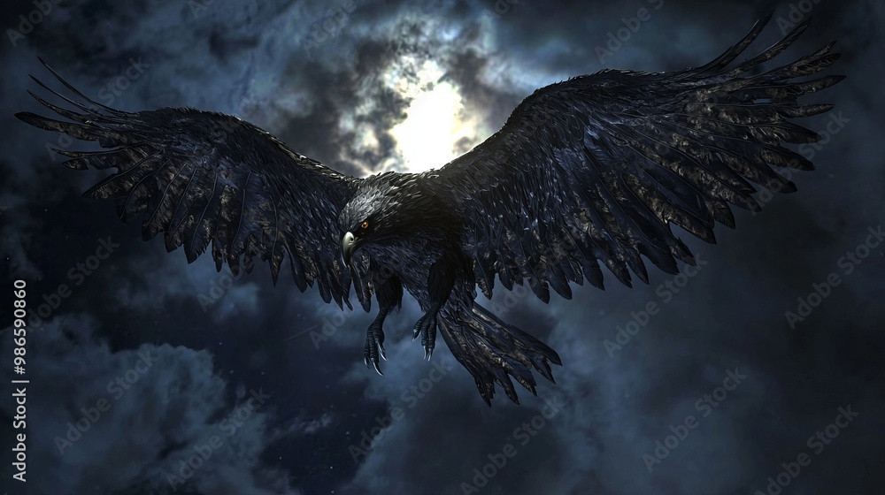 Fototapeta premium Midnight Flight of the Fearsome Harpy - Dark Fantasy 3D Render with Talons and Feathers Soaring Through Night Sky