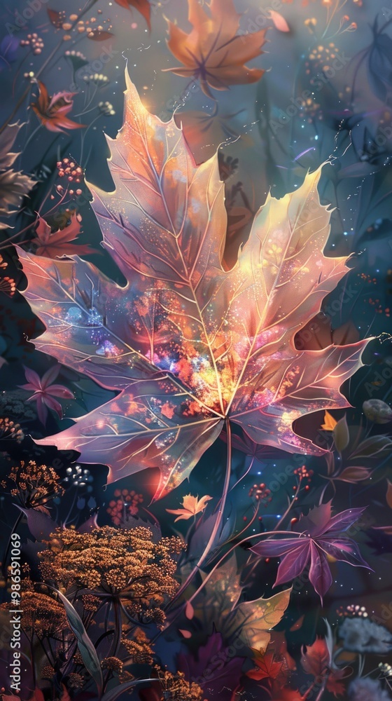 Enchanting autumn leaf with vibrant colors and magical glow. AI