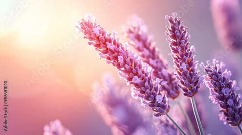  Close-up of lavender flowers with soft sunlight and warm tones photo