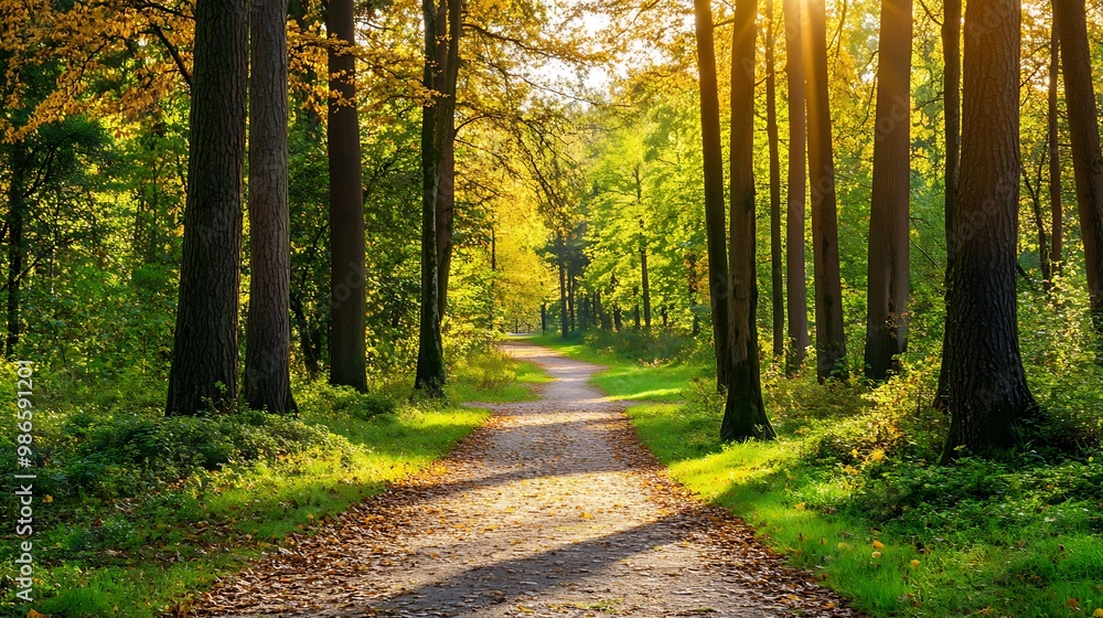 Obraz premium Sun rays illuminate a path through a lush green forest, creating a warm and inviting atmosphere.
