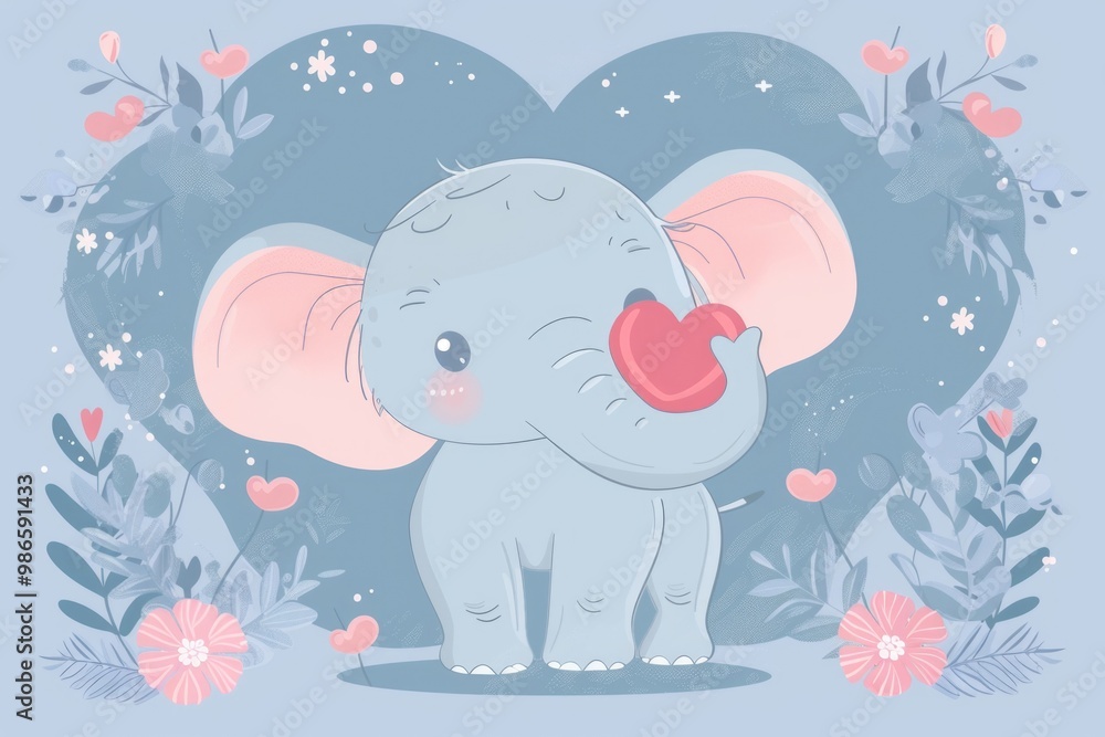 Adorable valentine's day illustration with cute elephant holding heart surrounded by flowers. AI Adorable valentine's day illustration with cute elephant holding heart surrounded by flowers. AI