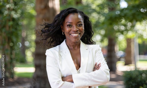 portrait of businesswoman smiling wearing white suit arms crossed