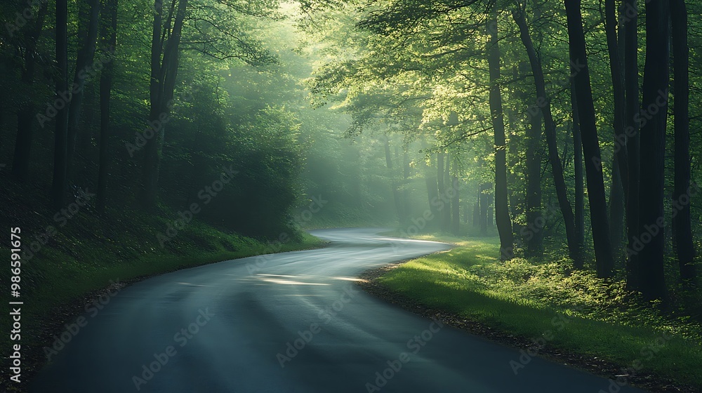 Obraz premium Sunbeams through trees on winding forest road