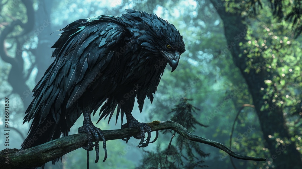 Fototapeta premium Dark Feathers - Sinister 3D Render of Fearsome Beast on Branch in Shadowy Forest
