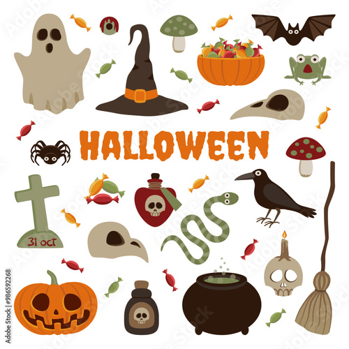 Happy Halloween stickers. Cute set of mascots pumpkin head, black cat, skeleton, ghost, eyes, bat, Halloween sweets and candies. Happy Halloween, trick or treat. Vector illustration in flat style