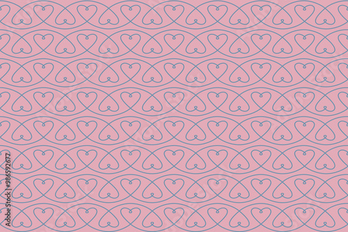Seamless pattern of hearts in one blue line. Romantic love background for wedding design. Outline vector illustration on pink background