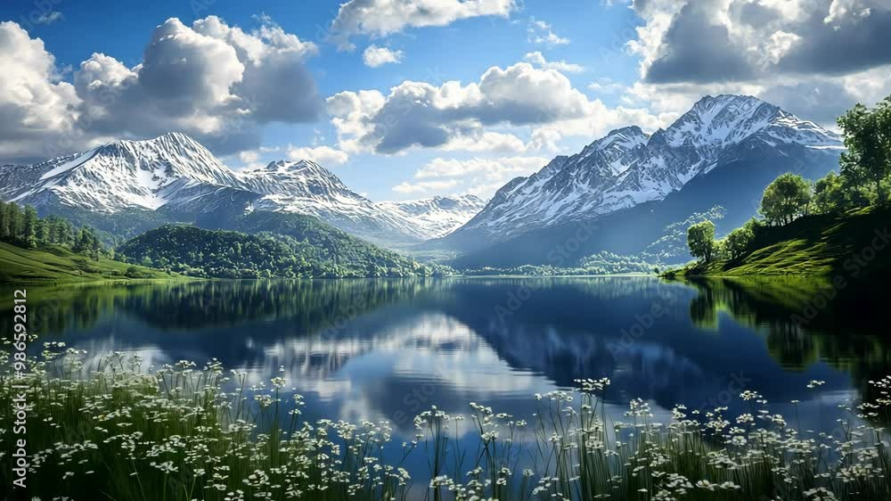Breathtaking mountain lake landscape with vibrant reflections in serene waters during midday Breathtaking mountain lake landscape with vibrant reflections in serene waters during midday