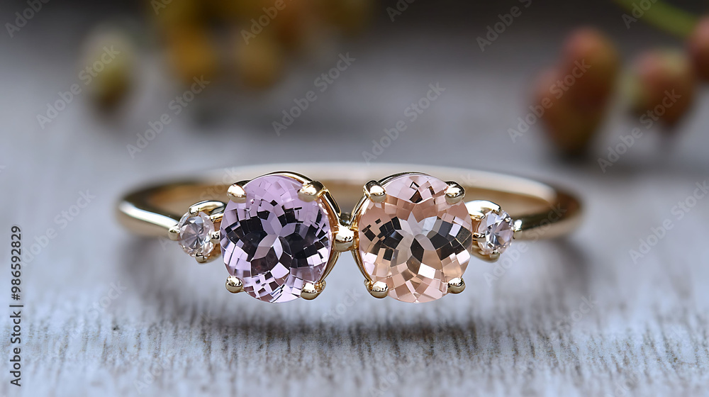 Sophisticated kunzite and morganite ring with light pink kunzite and peachpink morganite stones in an elegant gold band Sophisticated kunzite and morganite ring with light pink kunzite and peachpink morganite stones in an elegant gold band