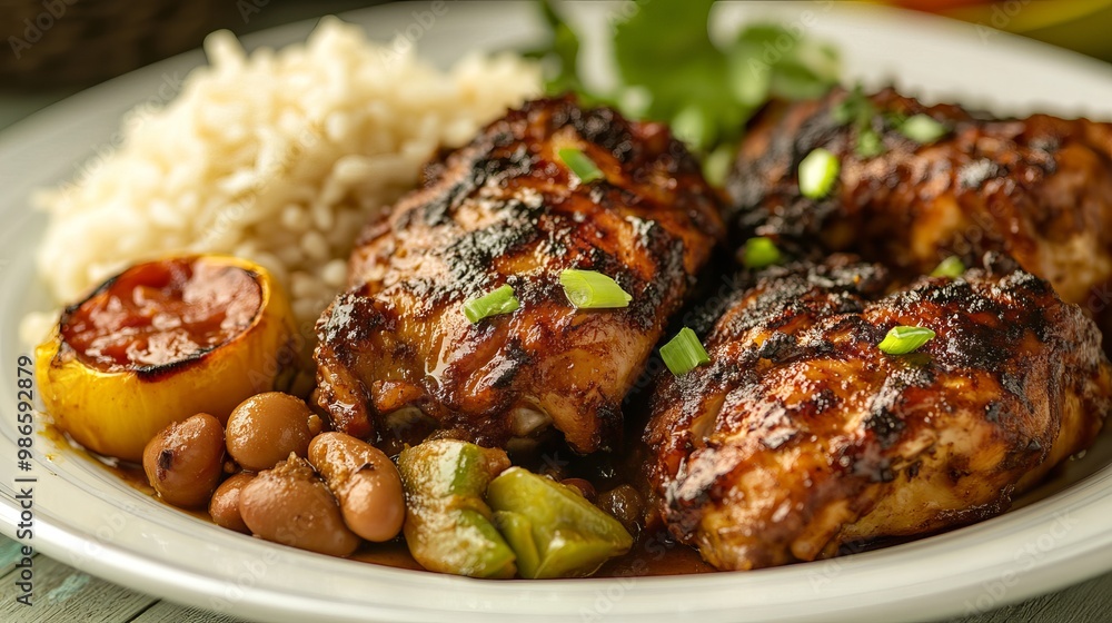 A tasty illustration of Jamaican jerk chicken, served with rice and beans. The chicken has a spicy, flavorful jerk marinade. A tasty illustration of Jamaican jerk chicken, served with rice and beans. The chicken has a spicy, flavorful jerk marinade.