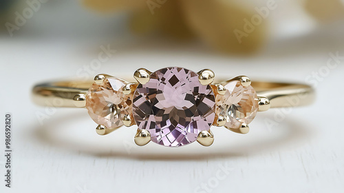 Sophisticated kunzite and morganite ring with light pink kunzite and peachpink morganite stones in an elegant gold band photo