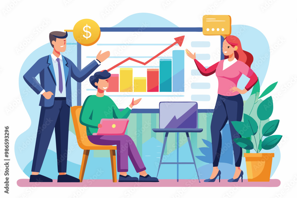 A woman and man discuss company growth, showcasing charts and data in a contemporary work environment, A man and woman present company growth in front of a room. A woman and man discuss company growth, showcasing charts and data in a contemporary work environment, A man and woman present company growth in front of a room.