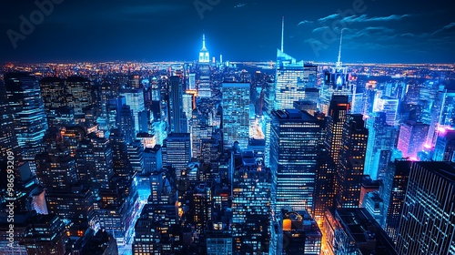 Night cityscape of New York City skyline with blue and purple lights