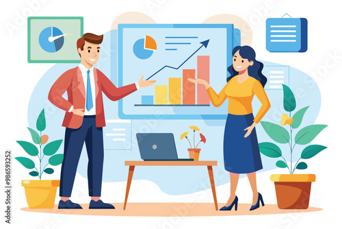 A man and woman engage in a lively presentation about a business strategy in an office environment, A man and woman give a presentation about the company's growth in front of the room.