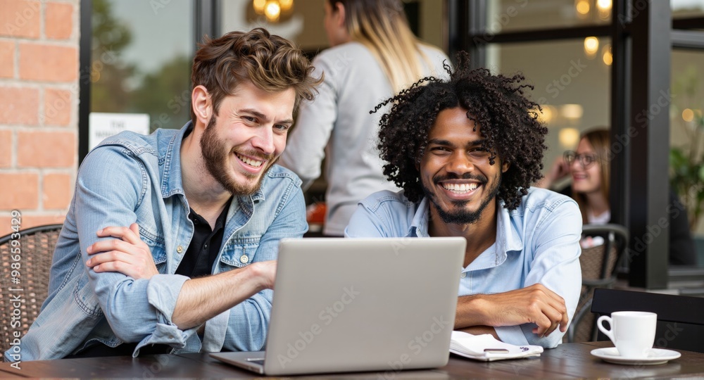 Two busy professional executive team business people working together smiling looking at computer at cafe meeting. Professional manager consulting corporate client using laptop, Two busy professional executive team business people working together smiling looking at computer at cafe meeting. Professional manager consulting corporate client using laptop,