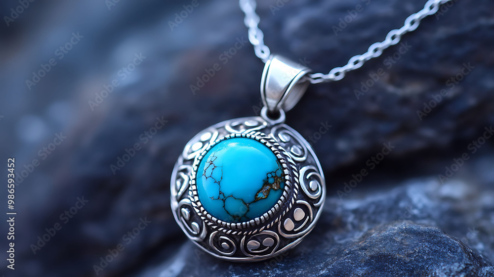 Turquoise pendant with a striking blue gemstone set in an intricately designed silver necklace Turquoise pendant with a striking blue gemstone set in an intricately designed silver necklace